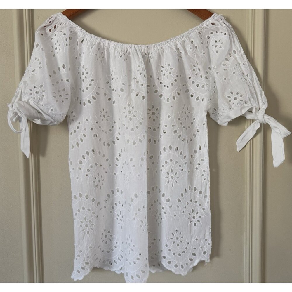 Cynthia Rowley Womens White Eyelet Top XS Short Sleeves Bows Coquette Fairy